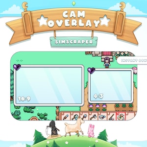May include: A cartoon-style illustration of a cam overlay for streaming. The overlay features two rectangular frames with the aspect ratios 16:9 and 4:3, labelled with the corresponding numbers. The overlay is set against a green background with a cartoon-style landscape and a wooden sign that reads "Cam Overlay" and "Simscraper".