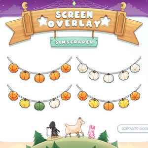 May include: A digital illustration of a screen overlay with the text "SCREEN OVERLAY" and "SIMSCRAPER" in a cartoon style. The image features a string of orange, white, and green pumpkins, and a llama and a pink bunny.