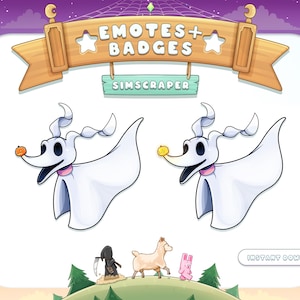 May include: Two digital illustrations of a white ghost dog with a pink collar and a black nose. The ghost dog on the left is holding a small orange pumpkin. The ghost dog on the right is holding a small yellow star. The illustrations are on a white background with the text "EMOTES + BADGES" and "SIMSCRAPER" above them.