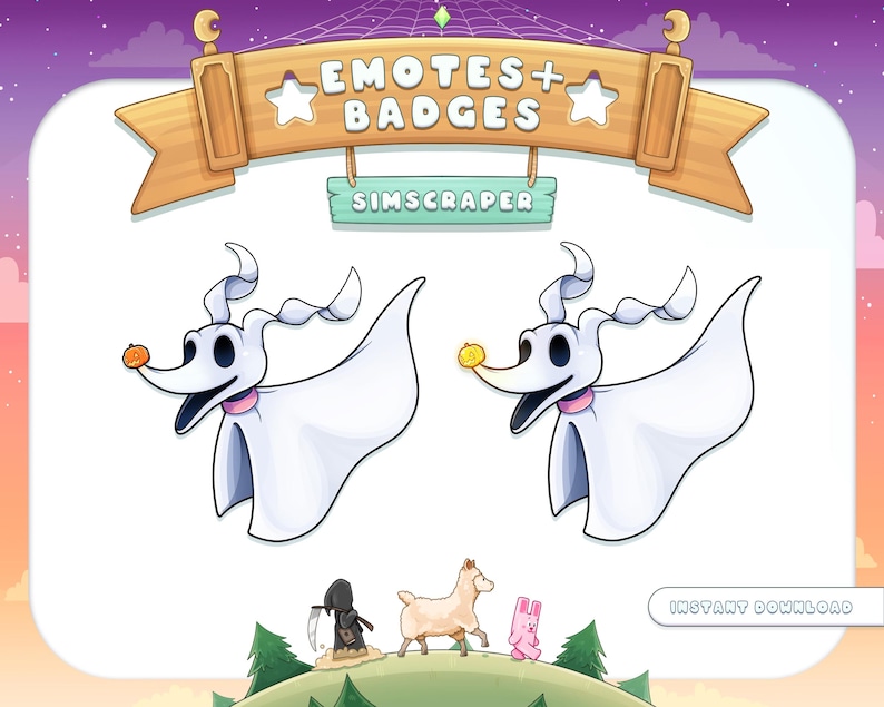 May include: Two digital illustrations of a white ghost dog with a pink collar and a black nose. The ghost dog on the left is holding a small orange pumpkin. The ghost dog on the right is holding a small yellow star. The illustrations are on a white background with the text "EMOTES + BADGES" and "SIMSCRAPER" above them.