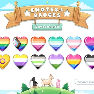 May include: A digital illustration featuring heart-shaped badges with various LGBTQ+ pride flags. The image includes a wooden sign that reads "EMOTES + BADGES" and "SIMSCRAPER". Below the hearts are cartoon characters of a grim reaper, a llama, and a rabbit.