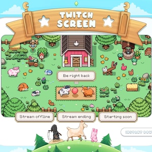 May include: A pixel art Twitch screen overlay with a farm theme. The overlay features a red barn, a well, a cow, a sheep, and a chicken. The text "Twitch Screen" is displayed at the top of the overlay. The text "Be right back" is displayed in the middle of the overlay. The text "Stream offline", "Stream ending", and "Starting soon" are displayed at the bottom of the overlay.