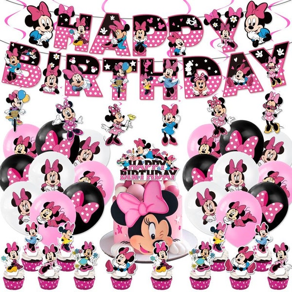 Mouse Minnie Happy Birthday Party Banner Cake Cupcake Topper Balloons Hanging Swirls Decoration Supplies Set