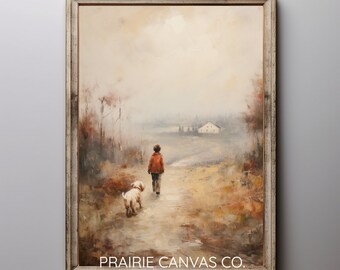 A Boy and his dog, landscape painting, digital print, Downloadable wall art, Printable painting of a nature scene, farmhouse home décor