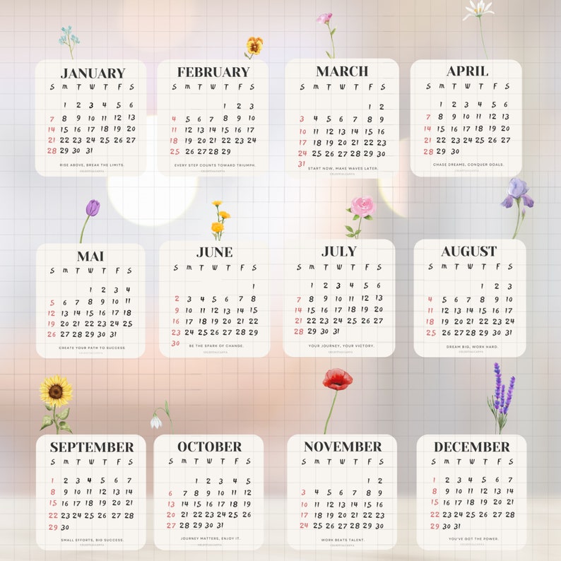 Flower Desk Calendar 2024 V2, Printable Calendar 2024, Digital Product