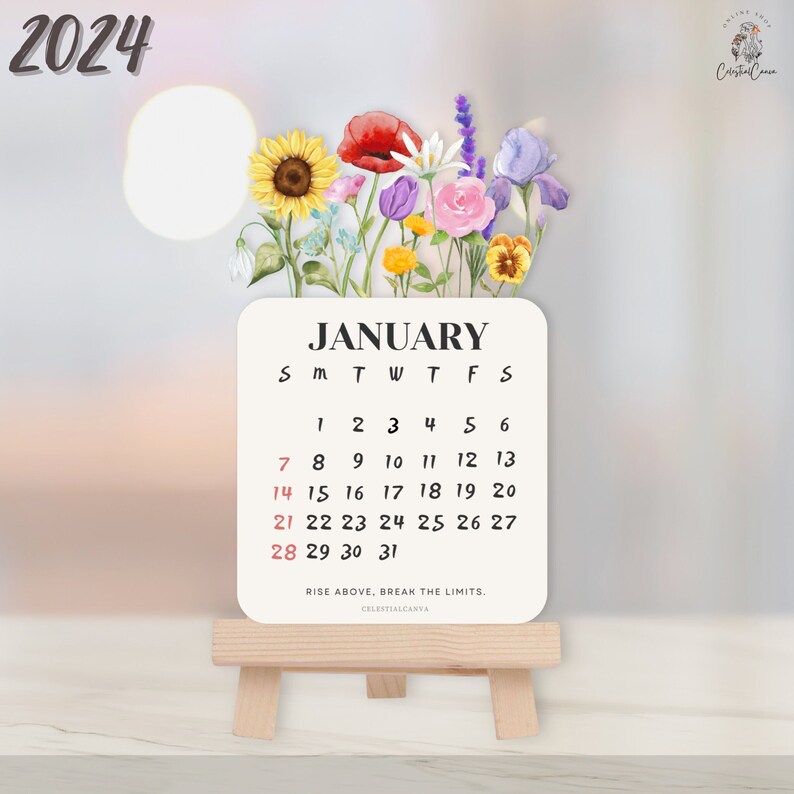 Flower Desk Calendar 2024 V2, Printable Calendar 2024, Digital Product