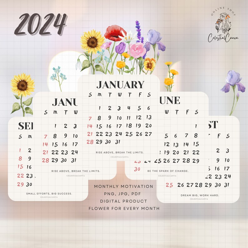 Flower Desk Calendar 2024 V2, Printable Calendar 2024, Digital Product