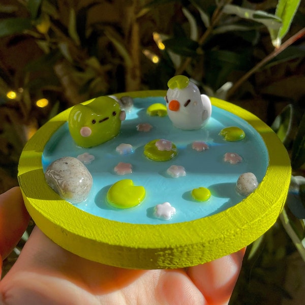 Frog and Duck Pond Handmade Polymer Clay Trinket Dish - Cottage Core Ring Dish