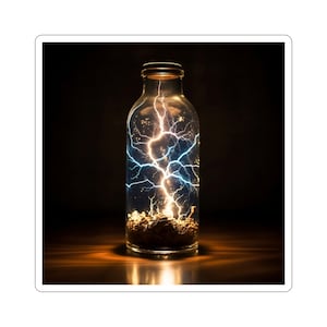 May include: A clear glass bottle with a cork top contains a bright blue and yellow lightning bolt. The bottle is sitting on a dark wooden surface.