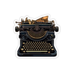 Könnte beinhalten: Eine antike schwarze Schreibmaschine mit goldenen Tasten und einem Papierhalter. Die Schreibmaschine hat ein klassisches Design mit einem runden Wagenrücklaufhebel und einer Glocke.