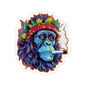 May include: A colorful illustration of a monkey wearing a headband with green leaves and smoking a cigarette. The monkey has blue fur and a serious expression.