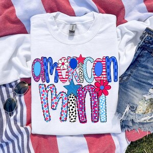 Mini DTF americano, transferencia DTF gráfica del 4 de julio, transferencia DTF del Día de los Caídos, transferencia DTF lista para imprimir del 4 de julio, fuente doodle