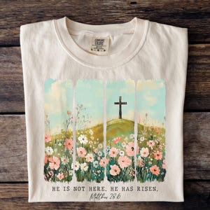 Er ist nicht hier, er ist auferstanden - bereit zum Pressen DTF Heat Transfer - Ostern christlichen religiösen Kreuz Blumendruck - Matthäus 28: 6 Bibel Vers