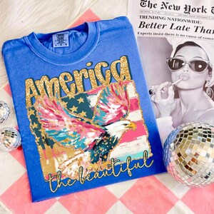 America the beautiful DTF Coquette États-Unis, 4 juillet Prêt à presser Transfert direct sur film 4 juillet Transfert DTF, faux paillettes