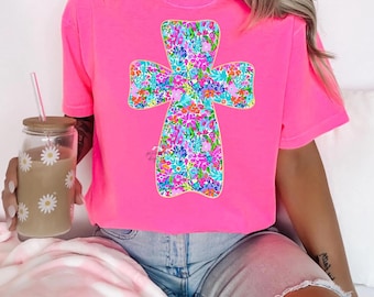 Dtf Transfers Ready To Press, Direct To Film, Tshirt Transfer, Easter DTF, Floral Cross DTF, Preppy Easter Dtf Transfer