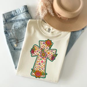 Floral Kreuz - christliche Transfers bereit zum Pressen, direkt zum Film, Tshirt Transfer, Glaube DTF, Jesus DTF, retro religiöse Dtf Transfer