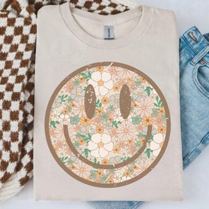 Blumen lächelndes Gesicht Dtf Transfers bereit zum Pressen, direkt zum Film, Tshirt Transfer, Sommer DTF, Trendy DTF, Retro Glückliches Gesicht
