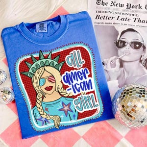 All American Girl Blonde DTF, 4. Juli Grafik Dtf Transfer, Vaterländischen Dtf Transfer, bereit, Dtf Transfer zu drücken