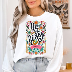 Il est ressuscité prêt à imprimer, transfert chrétien DTF Pâques, chemise florale résurrection, joyeuses Pâques DTF, t-shirt preppy Pâques, verset de la Bible