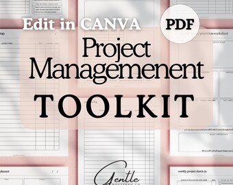 May include: A pink and white printable project management toolkit with the text "Edit in CANVA" and "PDF" in a white circle. The toolkit includes a project planner, a priorities worksheet, a project log, and a weekly project check-in.