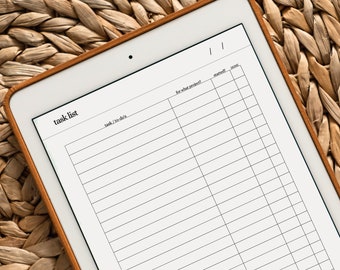 May include: A white tablet with a blank task list template. The template has columns for "task / to-do's", "for what project?", "started?", and "done".