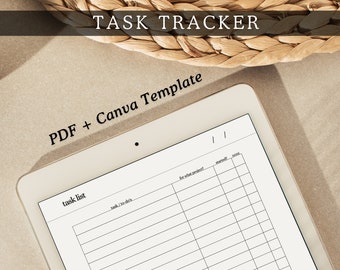 May include: A white tablet screen displaying a task tracker template with the text "TASK TRACKER" and "PDF + Canva Template". The template includes columns for "task/to-do/s", "for what project?", "started", and "done".