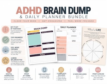 ADHD-hjärndump och daglig planerare, arbetsblad för mental klarhet (digital nedladdning)