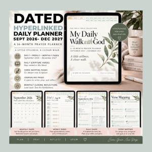 May include: A digital daily planner titled My Daily Walk with God, covering September 2026 through December 2027. The interface features hyperlinked navigation, monthly, weekly, and daily pages, verse mapping sections, and journaling prompts.