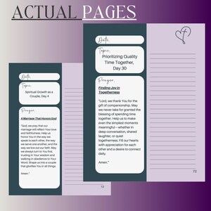 Pu&ograve; includere: Due pagine di un diario con uno sfondo viola. La pagina sinistra ha un titolo che dice "Crescita spirituale come coppia, giorno 4" e una preghiera che dice "Un matrimonio che onora Dio". La pagina destra ha un titolo che dice "Dare la priorit&agrave; al tempo di qualit&agrave; insieme, giorno 30" e una preghiera che dice "Trovare la gioia nell'unit&agrave;".