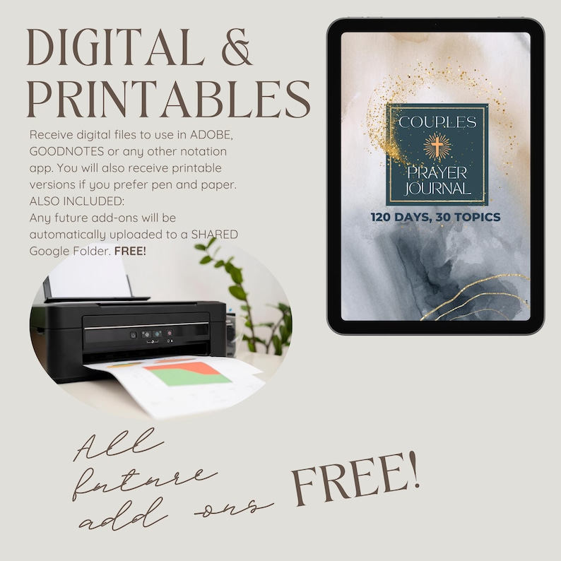 Pu&ograve; includere: Un diario di preghiera per coppie, digitale e stampabile, con un design a marmo grigio e oro. Il diario &egrave; per 120 giorni e include 30 argomenti. Il testo "COUPLES PRAYER JOURNAL" &egrave; in un carattere dorato con un simbolo di croce. Il testo "120 DAYS, 30 TOPICS" &egrave; in un carattere bianco.