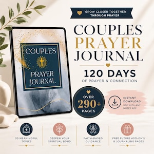 Puede incluir: Una tableta digital muestra un diario de oración para parejas con una portada azul marino y dorada. El texto dice: Couples Prayer Journal, 120 Days of Prayer & Connection, Over 290+ Pages, Instant Download, 30 Meaningful Topics, Deepen Your Spiritual Bond.