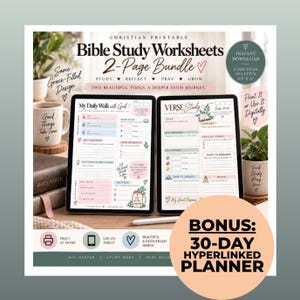 May include: A Christian printable Bible study worksheet 2-page bundle featuring My Daily Walk with God and Verse Study layouts. The digital documents include sections for reflection, prayer, and study. A bonus 30-day hyperlinked planner is included in this 8.5 inch by 11 inch instant download set.