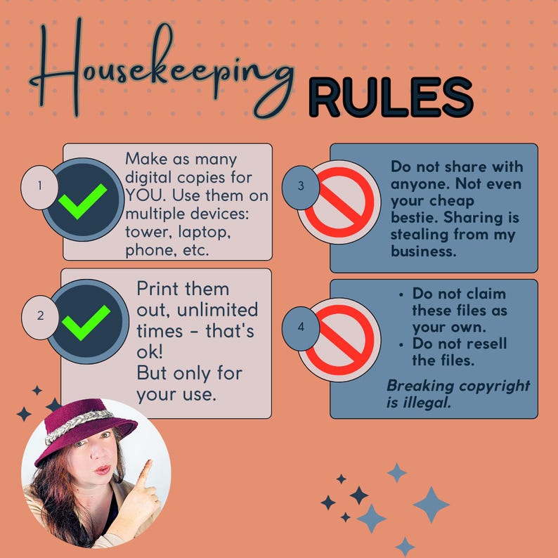 Pu&ograve; includere: Un'infografica rosa e blu con quattro regole per i prodotti digitali. Le regole sono: 1. Fai tutte le copie digitali che vuoi. 2. Stampale tutte le volte che vuoi. 3. Non condividerle con nessuno. 4. Non rivendicare questi file come tuoi. Non rivendere i file. La violazione del copyright &egrave; illegale.