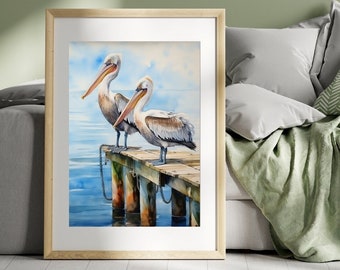 Pelican Watercolor Digital Print Art. Home decor Coastal Pelican design. Nautical Pelican art, INSTANT DOWNLOAD. Vintage Beach house decor