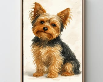 Peut inclure: Peinture à l'aquarelle d'un chien Yorkshire Terrier dans un cadre en bois. Le chien a des poils bruns et noirs, avec un aspect duveteux. Le fond est de couleur beige clair et le cadre est marron clair.