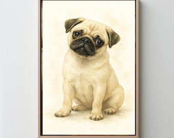 May include: A framed watercolor painting of a pug dog. The dog is light tan with a black muzzle and dark eyes, sitting with a slightly tilted head. The artwork has a soft, painterly style, with a neutral background and a simple wooden frame.