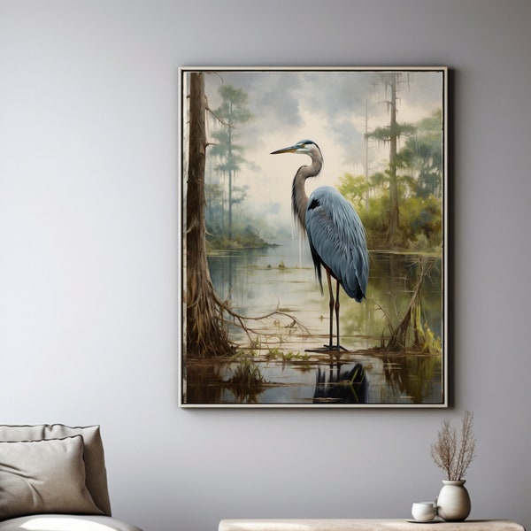 Louisiana Blue Heron Digital Art. Wetlands printable home decor. Digital Wall art design. Vintage photo art. Printable Home or cabin decor.