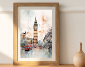 Big Ben London Digital Poster Image. Printable Watercolor wall art INSTANT DOWNLOAD Vintage wall art. Home decor. Original Watercolor design