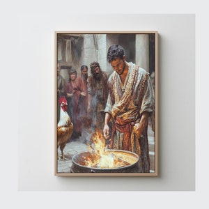 Puede incluir: Una pintura que representa a un hombre con una túnica marrón de pie sobre un pozo de fuego, sosteniendo un palo. Está rodeado de otras personas, incluido un gallo.