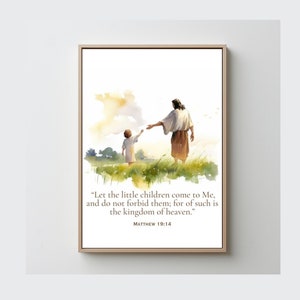 Bible Watercolor Digital Wall Art. Matthew 19:14 Let the little children come to me. Sunday School Decor. Bible verse Childrens room art.