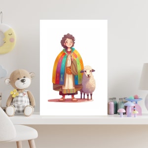 Joseph und sein Mantel vieler Farben, Genesis Bibelgeschichte, Cartoon Aquarell, Kinderzimmer Wandkunst, Sonntagsschule Kunst, Kinderzimmer Wanddekoration