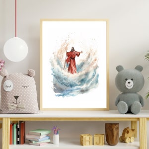 Moses at the Red Sea Watercolor Digital Print Art, Bible Story Wall Art, Moses Scripture, Exodus INSTANT DOWNLOAD Child&#39;s Room Nursery Decor