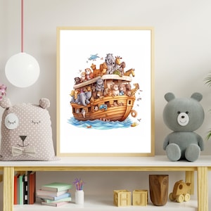 Noé y el Arca, Arte cristiano impreso, Decoración de pared de dibujos animados para niños, Historia bíblica, Arca de Noé, Animales de dibujos animados, Decoración de guardería, Arte de la historia bíblica,