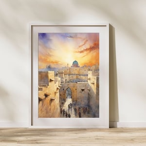 May include: A watercolour painting depicting a city scene with a large, domed building in the distance. The city is surrounded by walls and there are people walking through a gate in the foreground. The sky is a vibrant orange and yellow, suggesting a sunset.