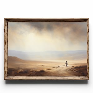 May include: A painting depicting a solitary figure walking across a wide, dusty desert landscape. The sky is a hazy blend of light blue and grey, with a bright sun shining through the clouds. The figure is wearing a long, brown robe and is walking towards the horizon.