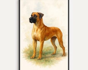 Puede incluir: Pintura a la acuarela de un perro, probablemente un bóxer, de pie sobre hierba. El perro tiene un pelaje marrón y un hocico y orejas negros. La obra de arte está enmarcada en un marco negro.