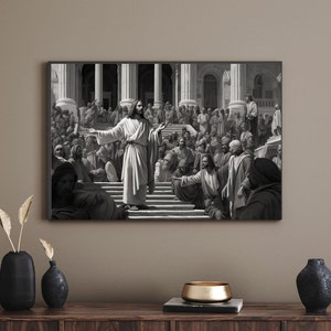 May include: A black and white photo of Jesus Christ preaching to a crowd of people. The photo is set in a historical setting with a large building in the background.
