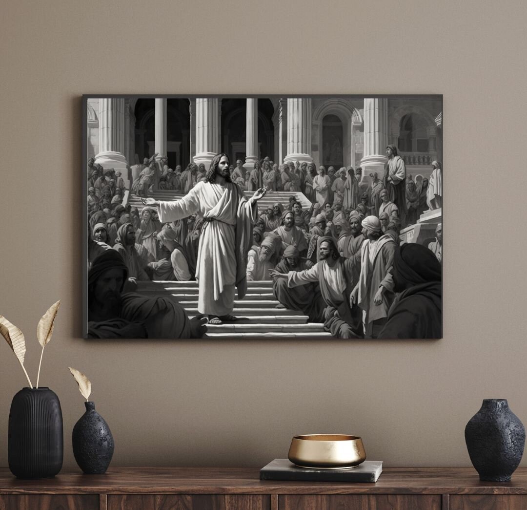 Jesus im Tempel - INSTANT DOWNLOAD Jesus Druckkunst. Digitale christliche Wandkunst. Elegante Schwarz-Weiß-Wandkunst von Jesus.