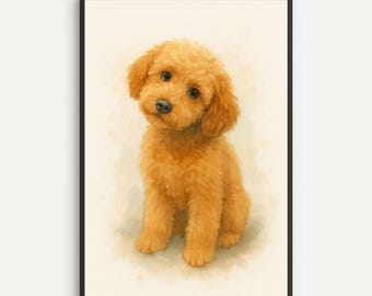 トイプードルの水彩画の印刷可能な壁アート、ペットの肖像画、犬の