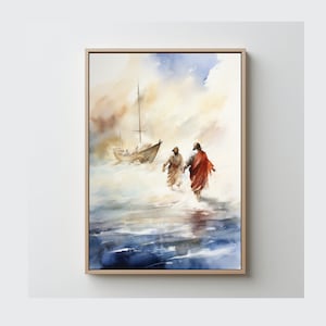 Puede incluir: Una pintura de acuarela de dos figuras caminando sobre el agua. Las figuras están vestidas con túnicas, una roja y otra marrón. Un pequeño bote está en el fondo, con un cielo nublado arriba.